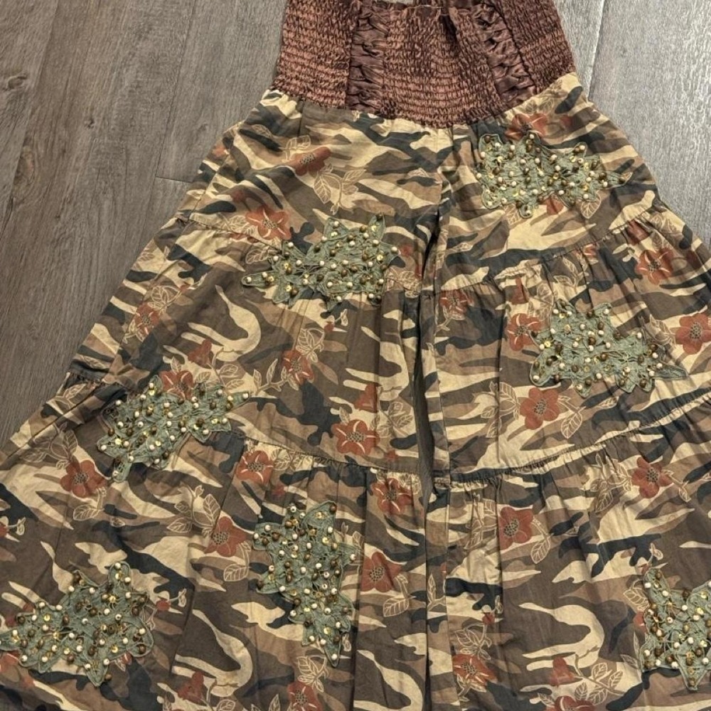 Vintage Y2K boho 2000s camo print floral beaded rhinestone skirt pants size S